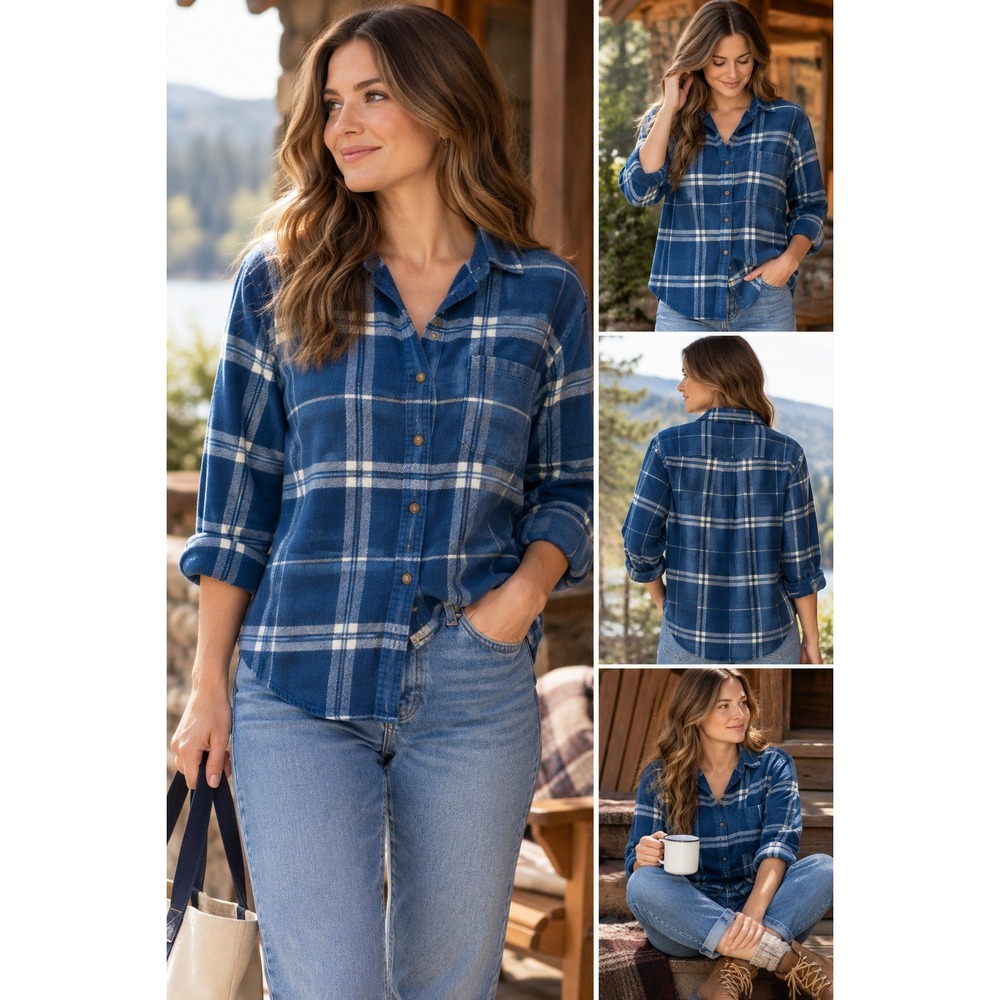LL Bean Women's Organic Cotton Flannel Button-Up Shirt Mariner Blue Plaid SP